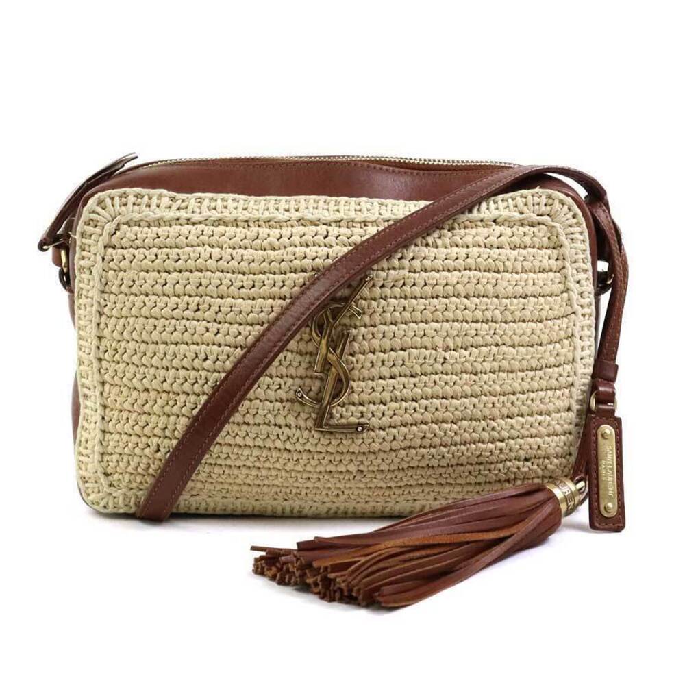 Saint Laurent Crossbody bag raffia leather Beige Cream brown gold